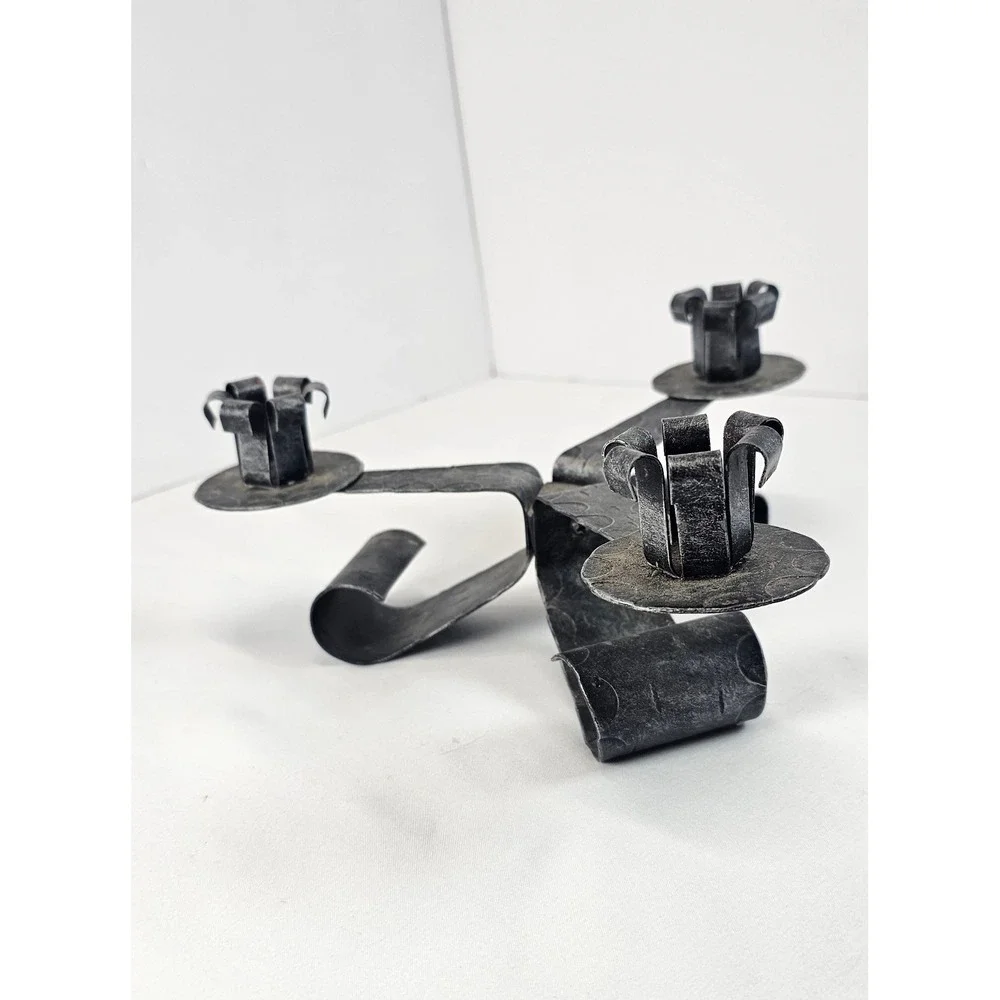 Vintage Hammered Wrought Iron 3‎ Arm Candle Holder Rustic Black Metal Candelabra